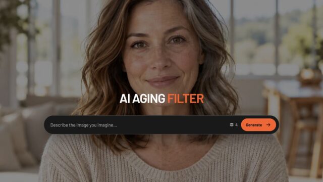 Smiling woman in a beige sweater in a bright room; hero image for AI Aging Filter with a dark rounded search input bar overlayed.