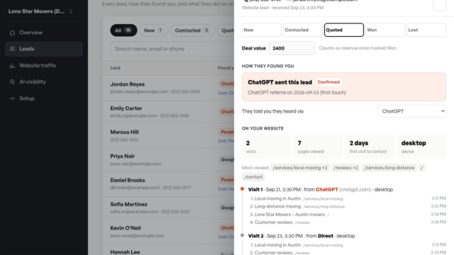 CRM dashboard showing leads list with a dark left navigation and a right contact panel for Jordan Reyes, including deal value and activity timeline