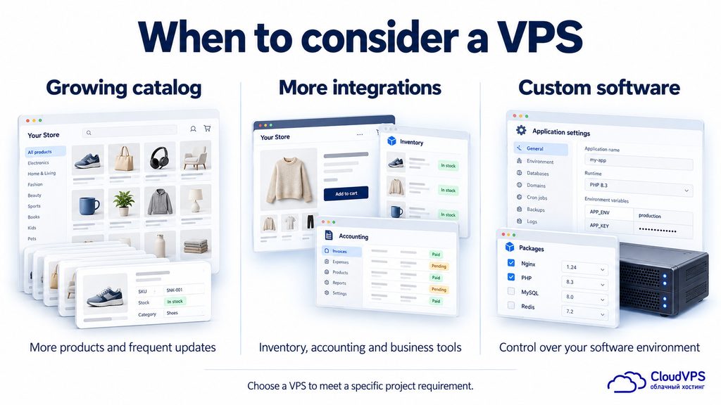 CloudVPS- VPS for Business Sites and Online Stores 1 - purshoLOGY Banner showing three VP S use-cases: Growing catalog, More integrations, and Custom software with product thumbnails and UI panels.