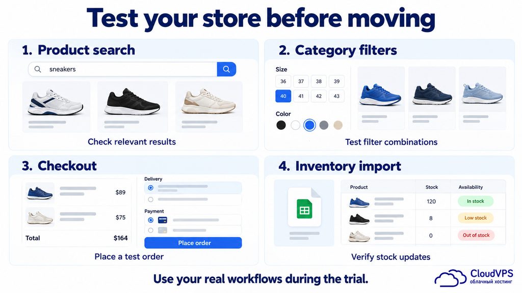 CloudVPS- VPS for Business Sites and Online Stores - purshoLOGY Infographic showing four steps to test an online store: product search with sneaker results, category filters with sizes and colors, checkout summary with total, and inventory update panel with stock status.