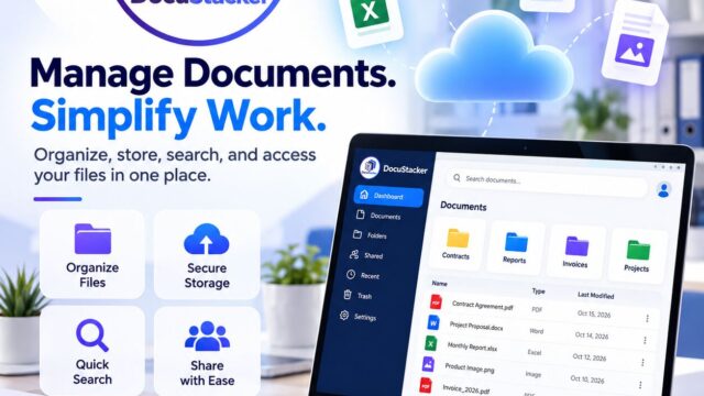 DocuStacker advertisement promoting cloud document management with a laptop screen showing a documents dashboard and floating file icons toward a cloud.