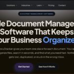 Hero banner for DocuStacker: bold, large headline 'Simple Document Management Software That Keeps Your Business Organized' on a dark gradient background, with two rounded call-to-action buttons: Get Started and See How It Works.