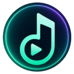 Glowing neon circular music app icon featuring a turquoise music note and a play button