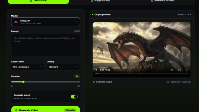Dark themed AI video generator UI; left panel shows Kling 3.0 model and prompt, right panel displays a dragon scene in the output preview