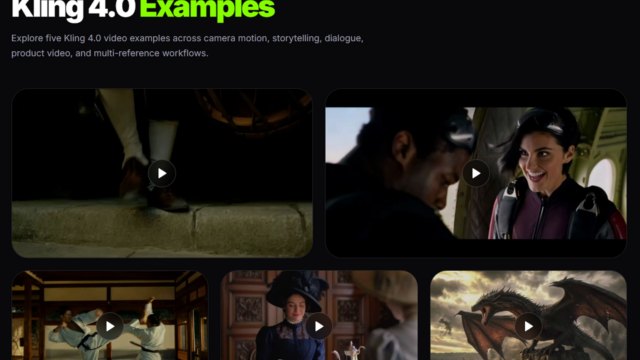 Gallery of five Kling 4.0 video thumbnails with play buttons on a dark page header.