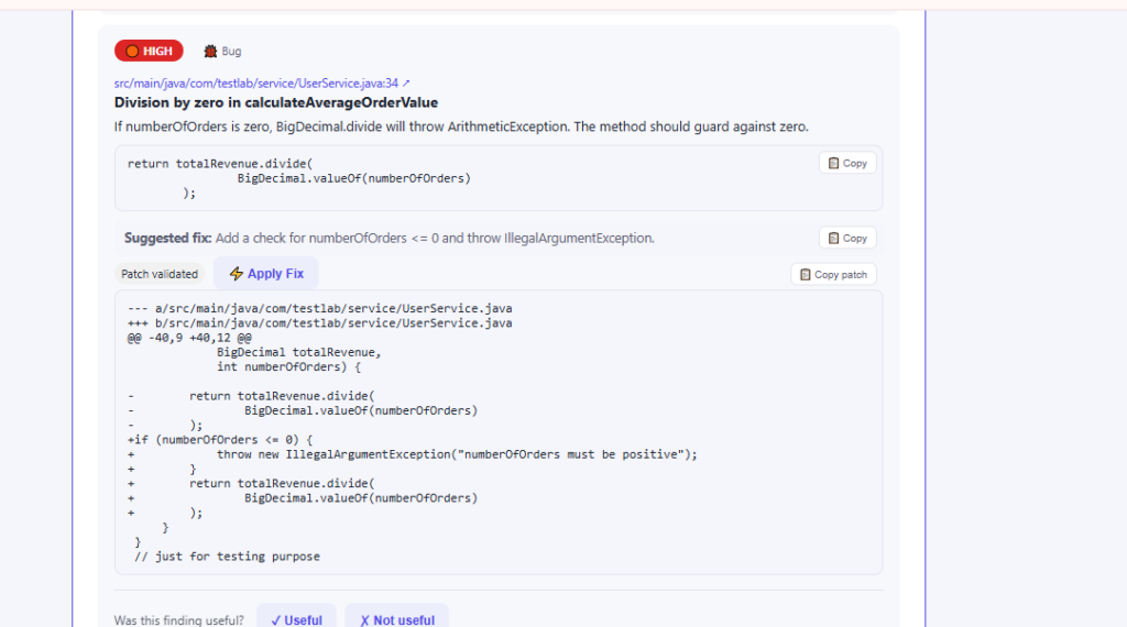 UI screenshot of a code review panel showing a divide-by-zero bug in UserService.java, with a patch and an 'Apply Fix' button and copy options.