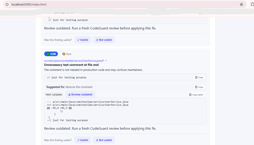 CodeGuard review: 'Unnecessary test comment at file end' with diff patch and Copy buttons in a review panel