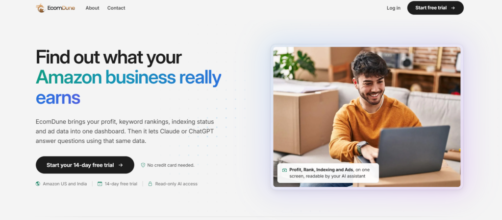 Hero banner: left-aligned headline 'Find out what your Amazon business really earns' with a man using a laptop in a rounded purple frame on the right.