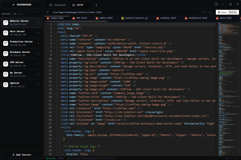 Dark SSH management dashboard with a server list on the left and an HTML index.html editor in the center showing meta tags and links.