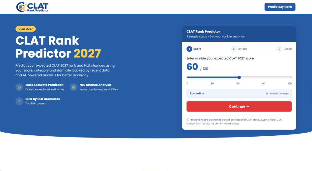 Blue CLAT Rank Predictor 2027 hero with a large white headline and a right-side score calculator panel for inputting a score and viewing results.