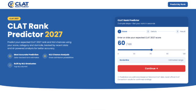 Blue CLAT Rank Predictor 2027 hero with a large white headline and a right-side score calculator panel for inputting a score and viewing results.