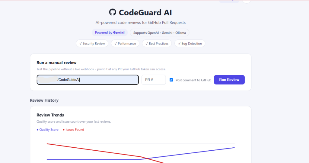 CodeGuard AI interface showing Run a manual review panel with PR input and a Run Review button