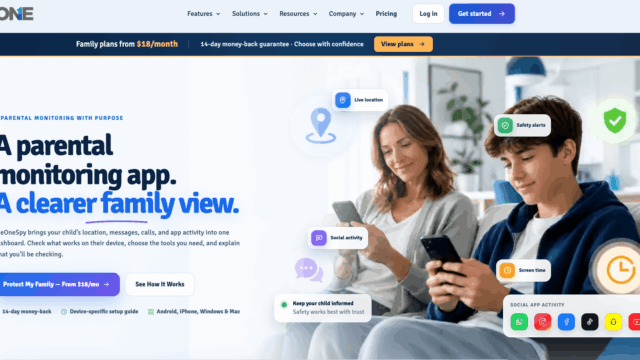 Hero banner for OneSpy parental monitoring app showing a family using phones, conveying a clearer family view and monitoring features like location and safety alerts (in bubbles).