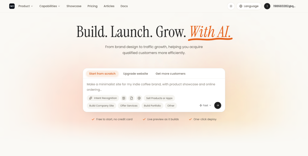 Hero header with large 'Build. Launch. Grow. With AI.' text on a soft gradient background; a floating rounded card shows 'Start from scratch' tab highlighted and related options.