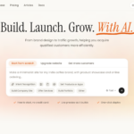 Hero header with large 'Build. Launch. Grow. With AI.' text on a soft gradient background; a floating rounded card shows 'Start from scratch' tab highlighted and related options.