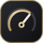 Gauge meter icon with a semicircular gold arc and white needle on a dark rounded square background, representing performance.