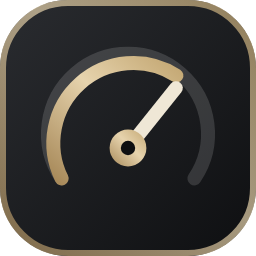 Gauge meter icon with a semicircular gold arc and white needle on a dark rounded square background, representing performance.