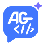Blue speech-bubble icon containing 'AG' and code brackets, representing code/programming (decorative sparkle in corner)
