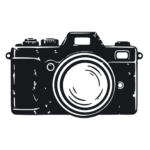 Silhouette of a vintage SLR camera viewed from the front, black vector illustration with a large lens and details on body.