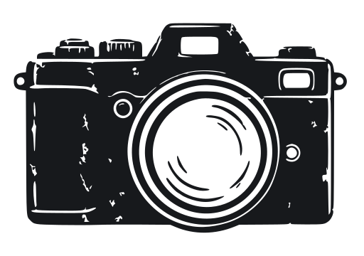 Silhouette of a vintage SLR camera viewed from the front, black vector illustration with a large lens and details on body.