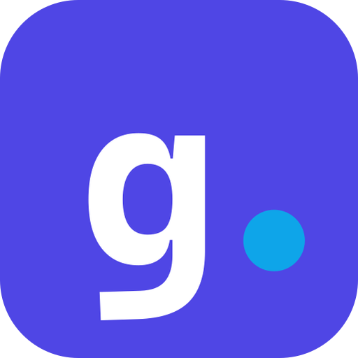 App icon featuring a white lowercase 'g' next to a blue dot on a purple rounded square background