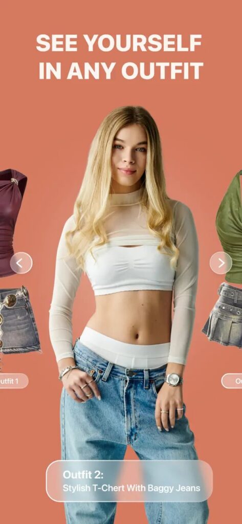Promotional fashion image with a woman wearing a white cropped top and baggy jeans against a peach background; side circular nav controls and a floating caption reading 'Outfit 2: Stylish T-Chert With Baggy Jeans'