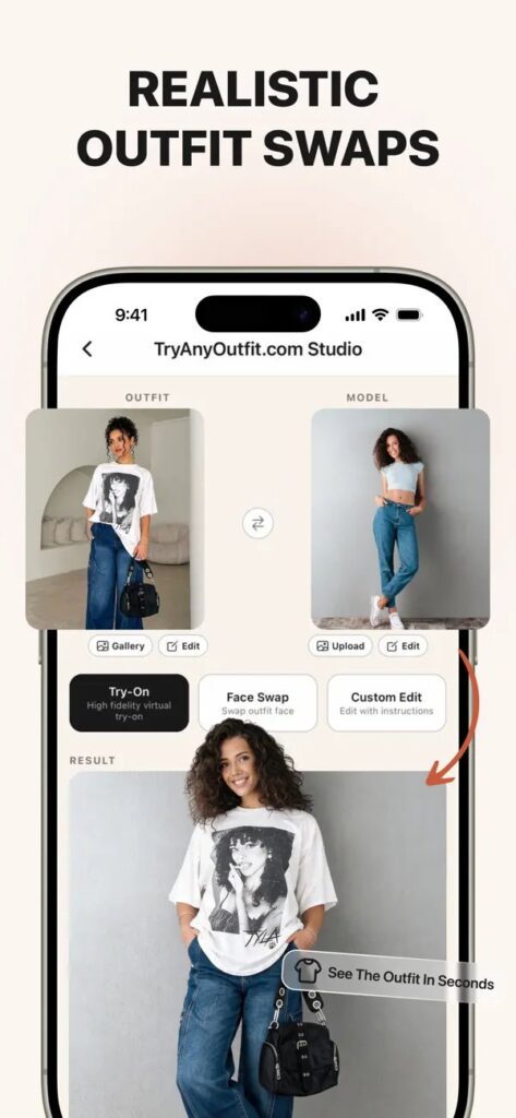 Promo image of a phone screen showing an outfit-swapping app with two model panels at the top and a large “See the Outfit In Seconds” result area below, featuring a model in a graphic tee and jeans.