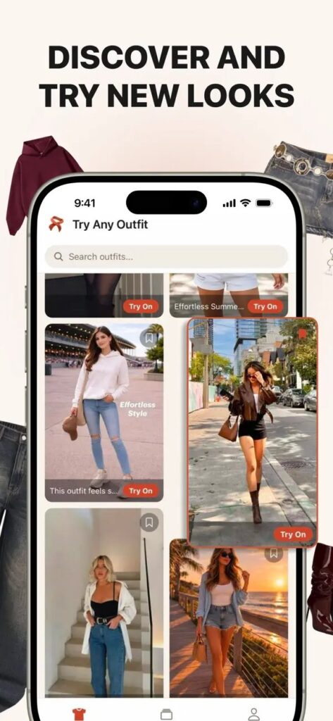 Promo image showing a smartphone app interface for discovering outfits, with the headline 'DISCOVER AND TRY NEW LOOKS' and clothing cards on screen.