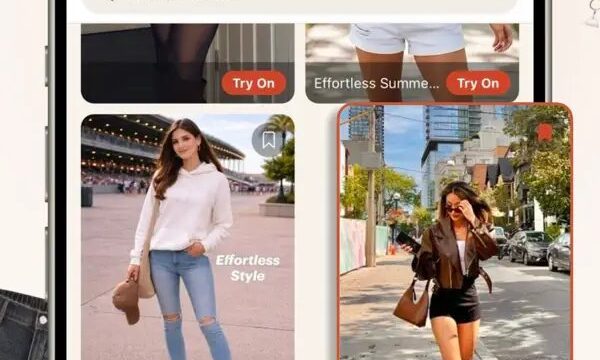 Promo image showing a smartphone app interface for discovering outfits, with the headline 'DISCOVER AND TRY NEW LOOKS' and clothing cards on screen.