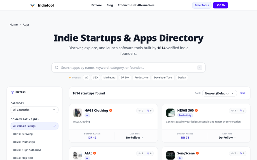 Directory homepage with search bar, filters, and cards for startups (e.g., HAGS Clothing, HISAB 360, AtAt, SongScene).