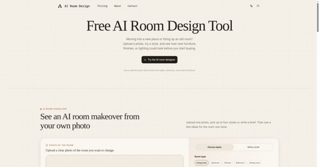 Landing page for Free AI Room Design Tool with a large title, navigation links, and a prominent 'Try the AI room designer' button. The page invites users to upload a photo to see AI-generated room styles and finishes.