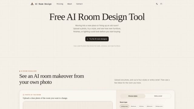 Landing page for Free AI Room Design Tool with a large title, navigation links, and a prominent 'Try the AI room designer' button. The page invites users to upload a photo to see AI-generated room styles and finishes.