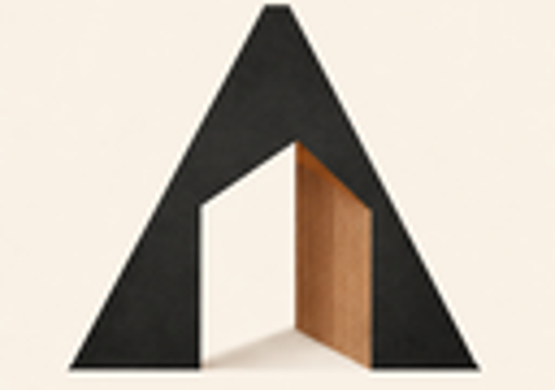Abstract A-shaped black logo featuring an open doorway with white interior and wood door inside.