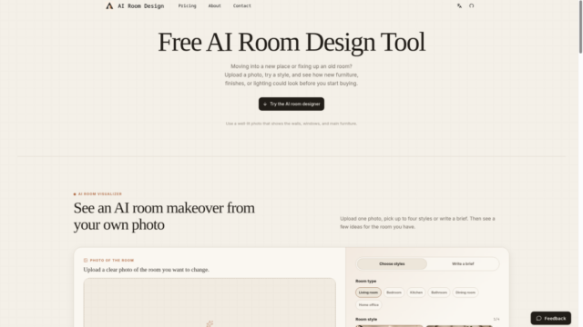 Screenshot of a beige webpage featuring a large title 'Free AI Room Design Tool' with navigation and a centered 'Try the AI room designer' button, plus a section preview of an AI room makeover from a photo.
