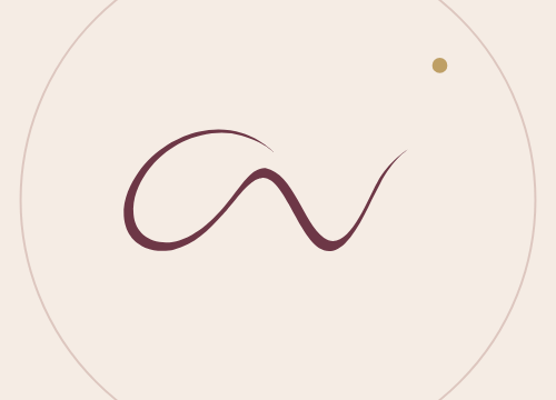 Brand logo: an abstract maroon squiggle inside a pale pink circle.