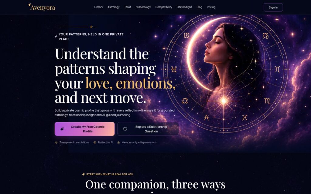 Hero banner: woman’s profile inside a glowing zodiac circle on a starry purple background; large headline about patterns shaping love and emotions; two CTA buttons.