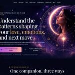 Hero banner: woman’s profile inside a glowing zodiac circle on a starry purple background; large headline about patterns shaping love and emotions; two CTA buttons.