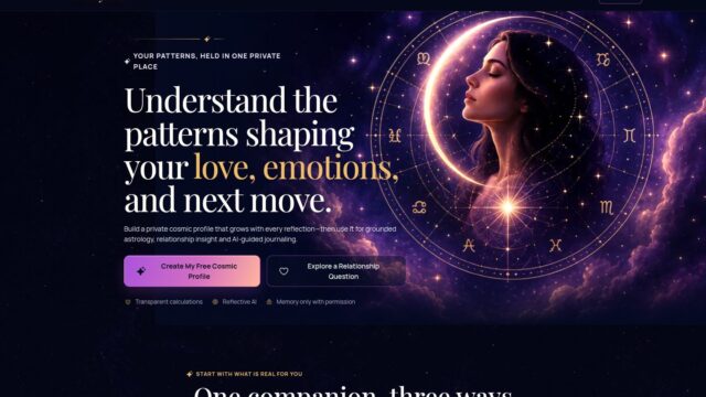Hero banner: woman’s profile inside a glowing zodiac circle on a starry purple background; large headline about patterns shaping love and emotions; two CTA buttons.
