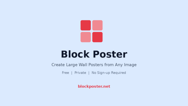 Block Poster branding: four pink/red squares icon above the text 'Block Poster' on a light blue background, with a subtitle about posters and the site blockposter.net.