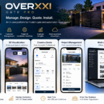 Promotional banner for OVERXXI Gate Pro showing app icons, features, and screenshots of dashboards on mobile and desktop editor views.