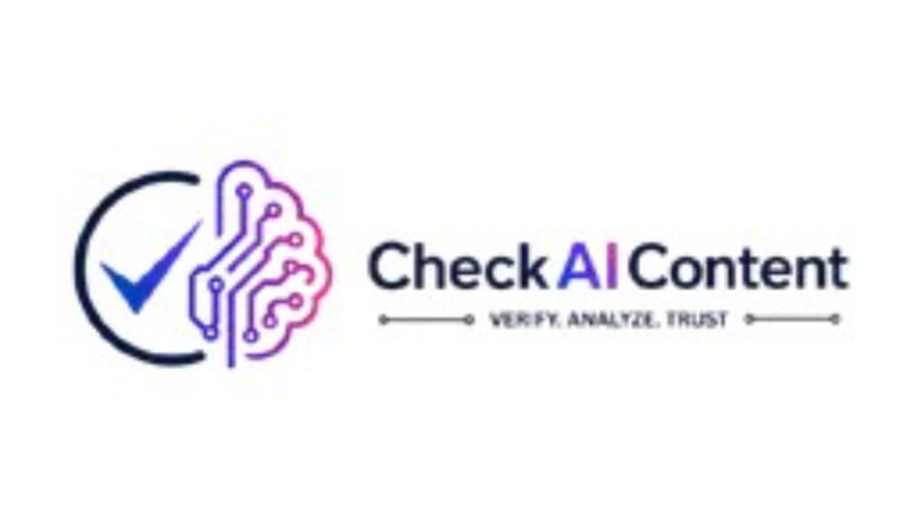 Logo for CheckAIContent featuring a blue checkmark inside a circle and a pink/blue circuit-brain graphic, with the brand name and tagline Check AI Content — Verify, Analyze, Trust.