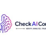 Logo for CheckAIContent featuring a blue checkmark inside a circle and a pink/blue circuit-brain graphic, with the brand name and tagline Check AI Content — Verify, Analyze, Trust.