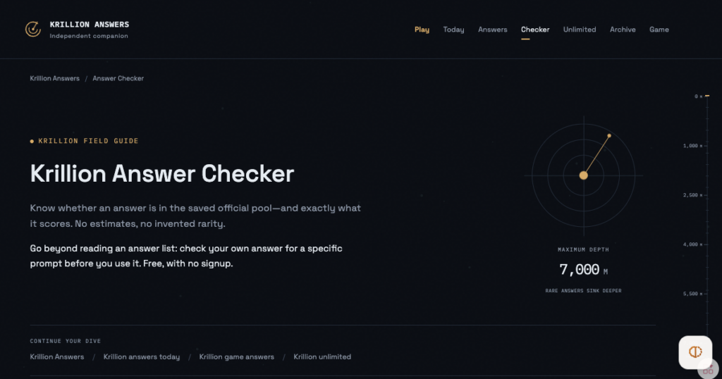Krillion Answer Checker hero: headline on the left with navigation bar above, and a radar target graphic on the right in a dark gradient layout.