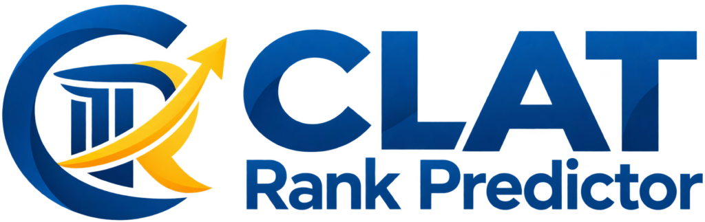 Logo for CLAT Rank Predictor with a blue circular emblem showing a bar chart and upward arrow, next to bold blue 'CLAT' and 'Rank Predictor' text.