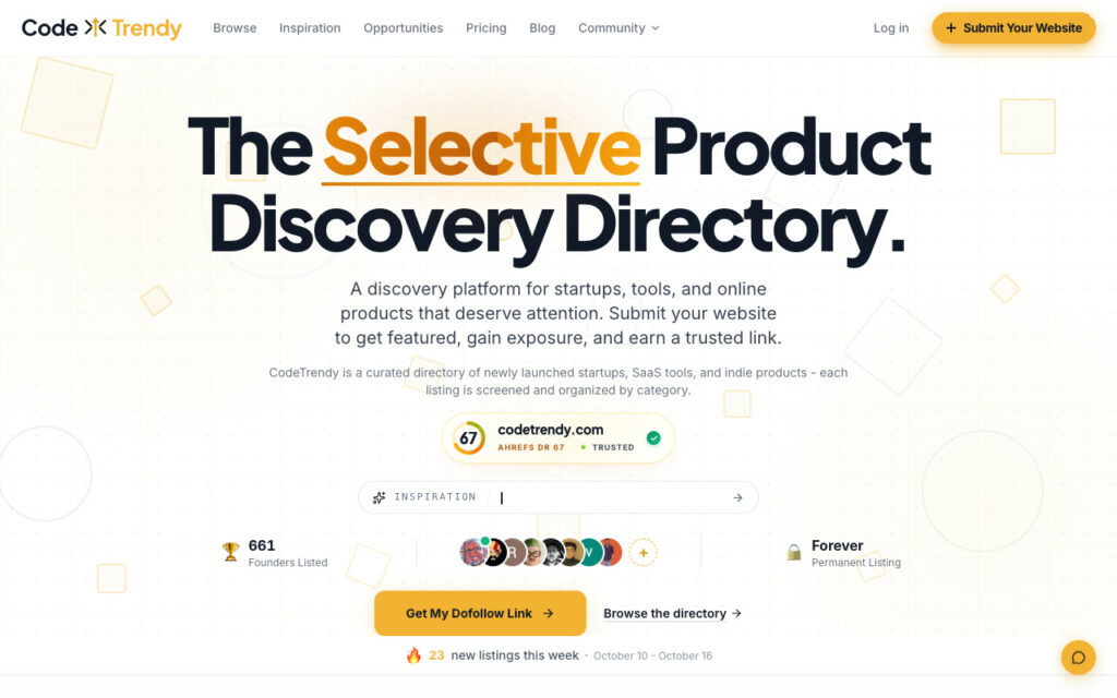Hero banner for CodeTrendy announcing 'The Selective Product Discovery Directory' and describing a discovery platform for startups and tools.