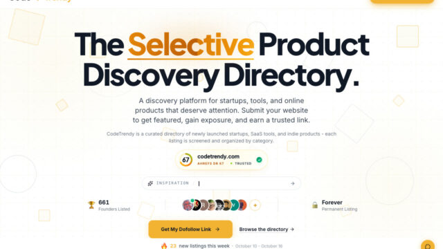 Hero banner for CodeTrendy announcing 'The Selective Product Discovery Directory' and describing a discovery platform for startups and tools.