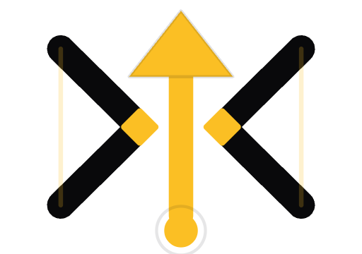 Stylized crossbow: black limbs with a yellow riser and an upward-pointing yellow arrow at the center.