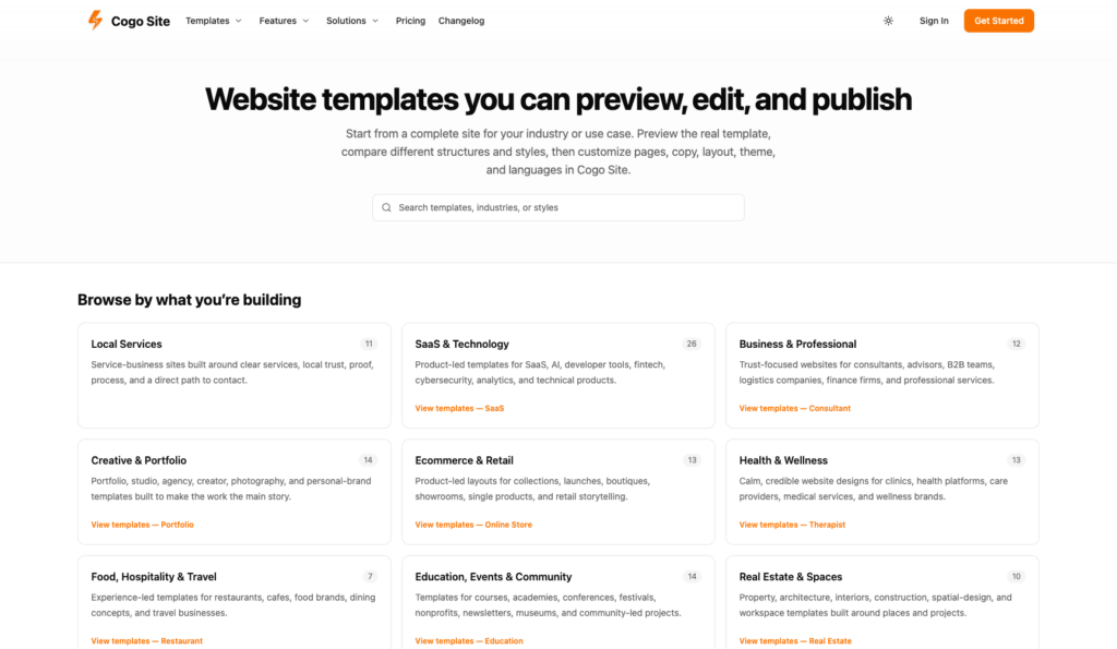 Cogo Site homepage hero with a bold headline, subtitle, search field, and a grid of category cards like Local Services and SaaS & Technology for template browsing.