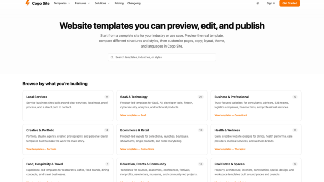 Cogo Site homepage hero with a bold headline, subtitle, search field, and a grid of category cards like Local Services and SaaS & Technology for template browsing.