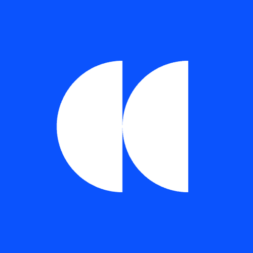 Brand logo: blue square with two white crescent shapes forming a stylized 'D'